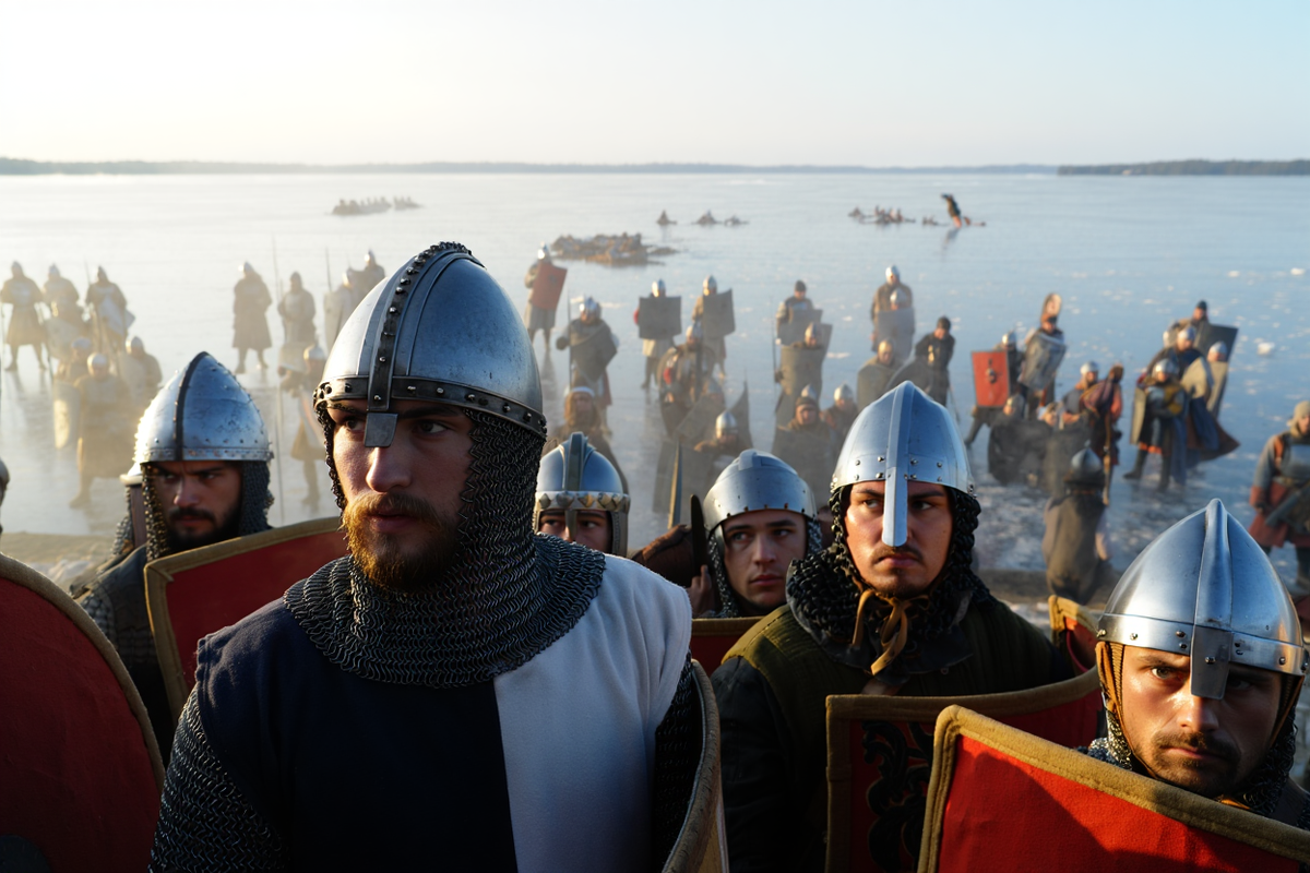 Русские воины встретили приближающихся крестоносцев плотными боевыми порядками. Рисунок создан ИИ по мотивам исторических данных о битве на Чудском озере.