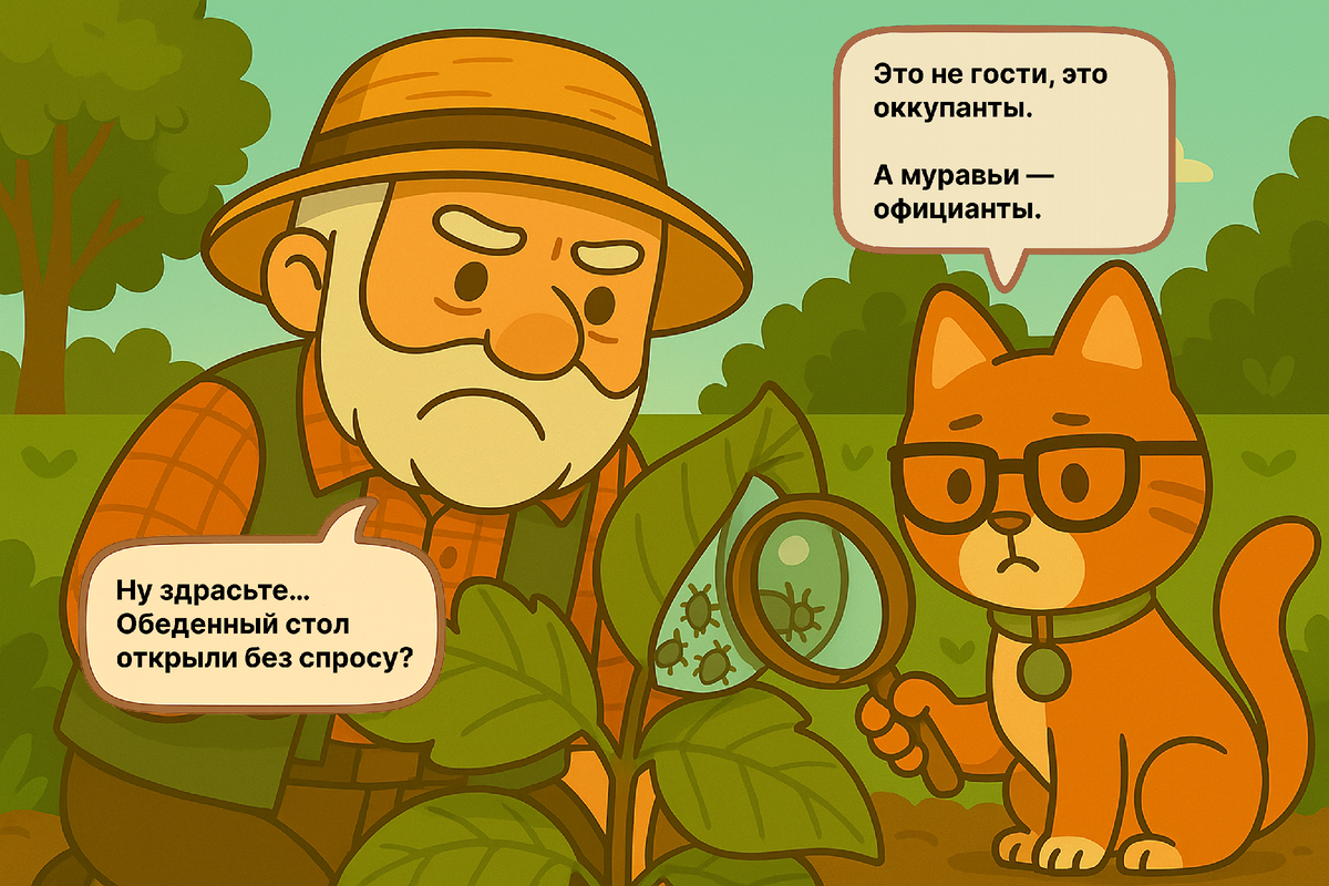 Кажется, на кустах кто-то устроил фуршет. Семёныч замечает неладное, а Фосфорыч уже всё понял: тут работает тля — не в одиночку, а с муравьиной подмогой.