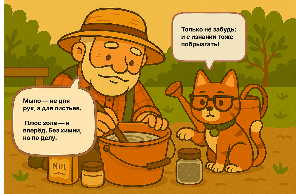 Хозяйственное мыло, зола, немного терпения — и получится раствор не хуже аптечного. Главное — побрызгать правильно и не забыть про изнанку листа.