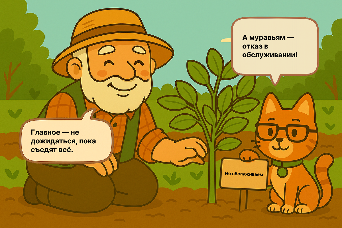 Результат на лицо: листья чистые, муравьи разочарованы. Табличка от Фосфорыча намекает — здесь больше не кормят.