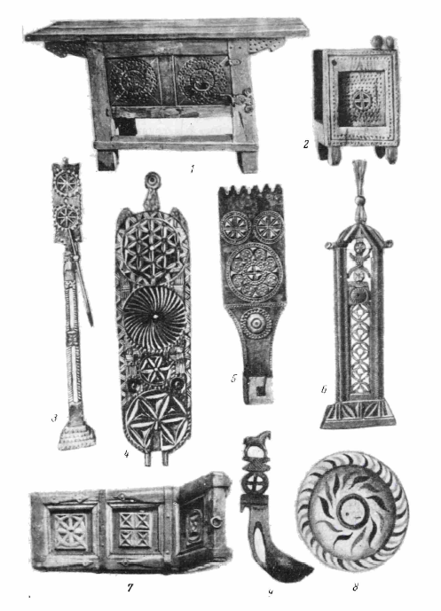 Солярная символика в народных деревянных изделиях. 1 - стол;  2 - детский стульчик; 3, 4 - прялки; 5 - донце; 6 - светец; 7 - санки; 8 - расписная чашка; 9 - ковш. Источник: Даркевич В.П. "Символы небесных светил в орнаменте Древней Руси", "Светская археология", 1960, вып. 4, с.65