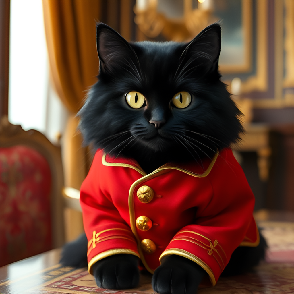 Администратор гостиницы "Чернолесье" Кот Баюн. В галерее иллюстрации созданы нейросетью для онлайн генерации картинок dezgo.com.