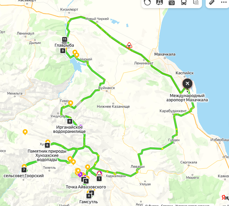В основе маршрута лежит путь из Махачкалы до горного села Гуниб, далее несколько дней осмотр окрестностей и ближайших районов, после двигаемся через Игранайское водохранилище в Дубки и на Сулакский каньон и возвращаемся в Махачкалу по хорошей скоростной трассе.