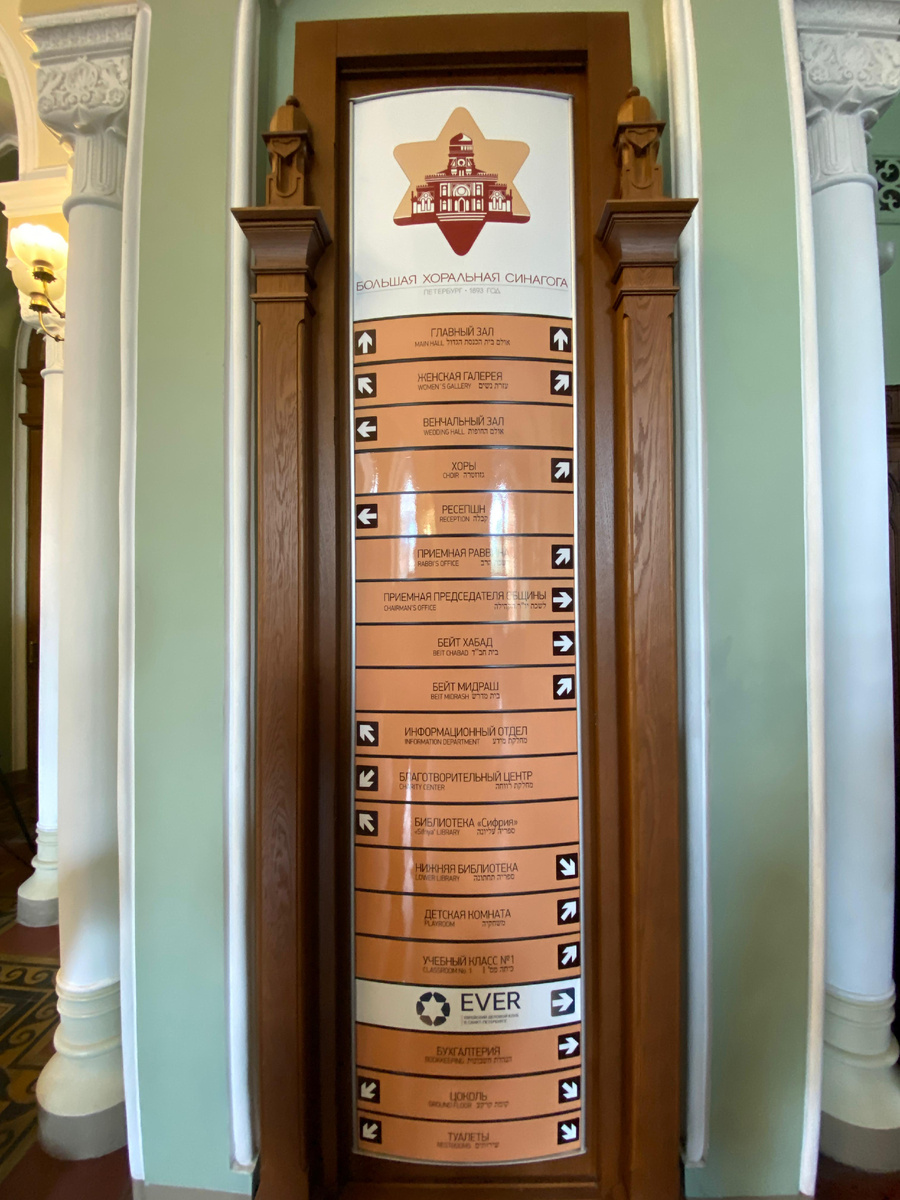 Указатель в холле. Обратите внимание, что есть библиотека, детская комната, учебный класс. На территории ещё есть гостиница, ресторан и магазин кошерной еды.