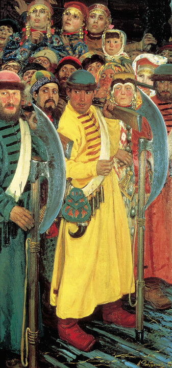 Рябушкин Андрей Петрович: Едут! (Народ московский во время въезда иностранного посольства в Москву в конце XVII века). 1901, Холст, масло. 204 x 102 см, ГРМ, 