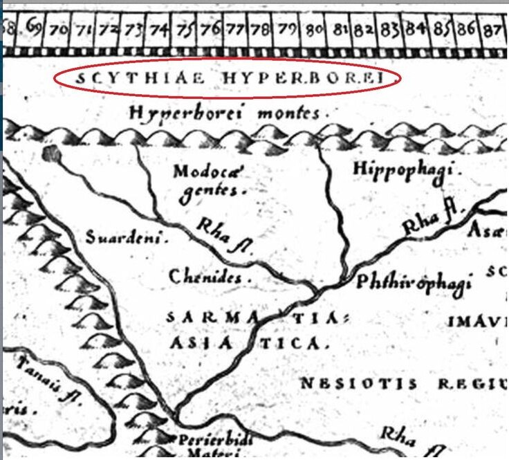 Карты Птолемея: Река Волга названа здесь своим "античным" именем РА (RHA fl.)