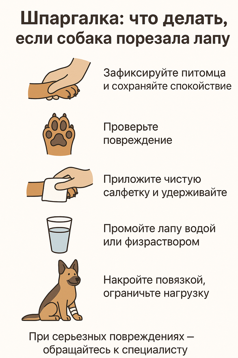 Шпаргалка: 5 шагов при порезе лапы