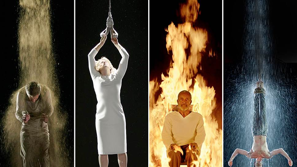 Билл Виола, Мученики (Земля, Воздух, Огонь, Вода), 2014, цветной видеополиптих с высоким разрешением на четырех вертикальных плазменных экранах продолжительностью 7:15 минут, 140 x 338 x 10 см, в ролях: Норман Скотт, Сара Стебен, Дэрроу Игус, Джон Хэй