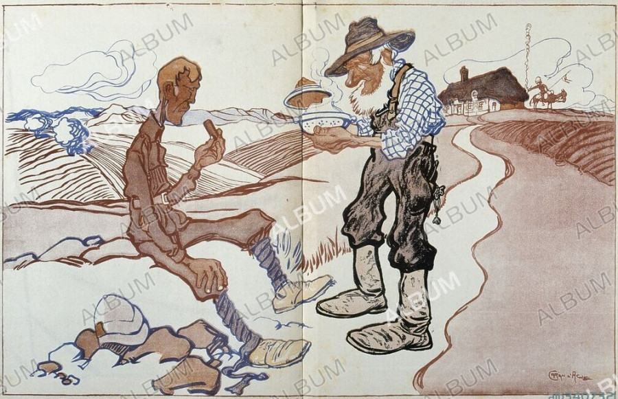 Старый бур и британский "томми" закусывают вместе. Французская карикатура времен Англо-Бурской войны.