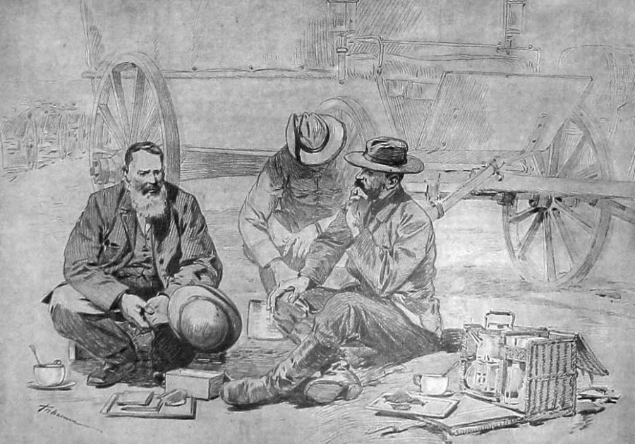 Кофепитие генерал-комманданта (главнокомандующего) Трансваальской армии Петруса Якобуса Жубера (слева) и его штаба. Рисунок военного корреспондента.