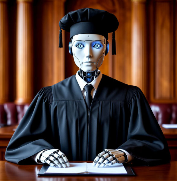 Так нейросеть видит робота-судью. Только почему-то в поварском колпаке. Но в целом, смысл передан - судим в поварском колпаке.