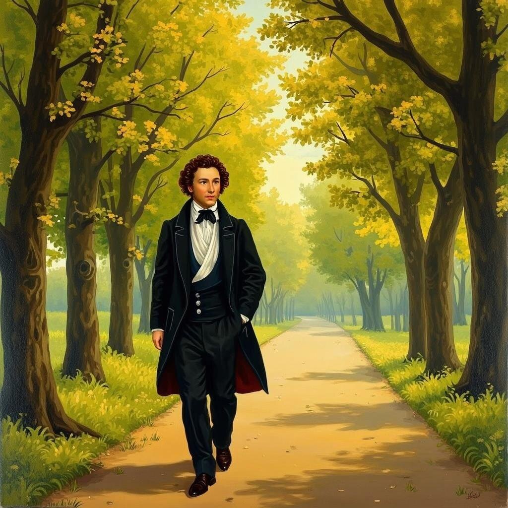 Пушкин А.С. прогуливается по летней аллее