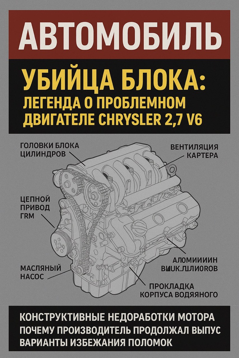 Обложка для автомобильного журнала со схемой двигателя Chrysler 2.7L V6. Источник: ИИ
