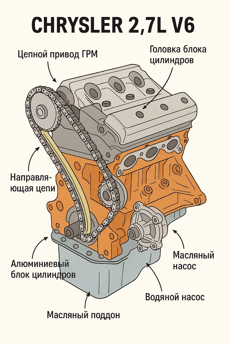 Схема двигателя Chrysler 2.7L V6. Источник: ИИ