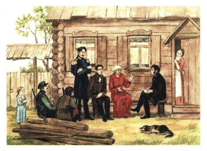 А.С.Пушкин и В.И.Даль в оренбургской деревне Бёрды беседуют с крестьянами о Пугачевском     бунте. Рис.О.Козловской. 