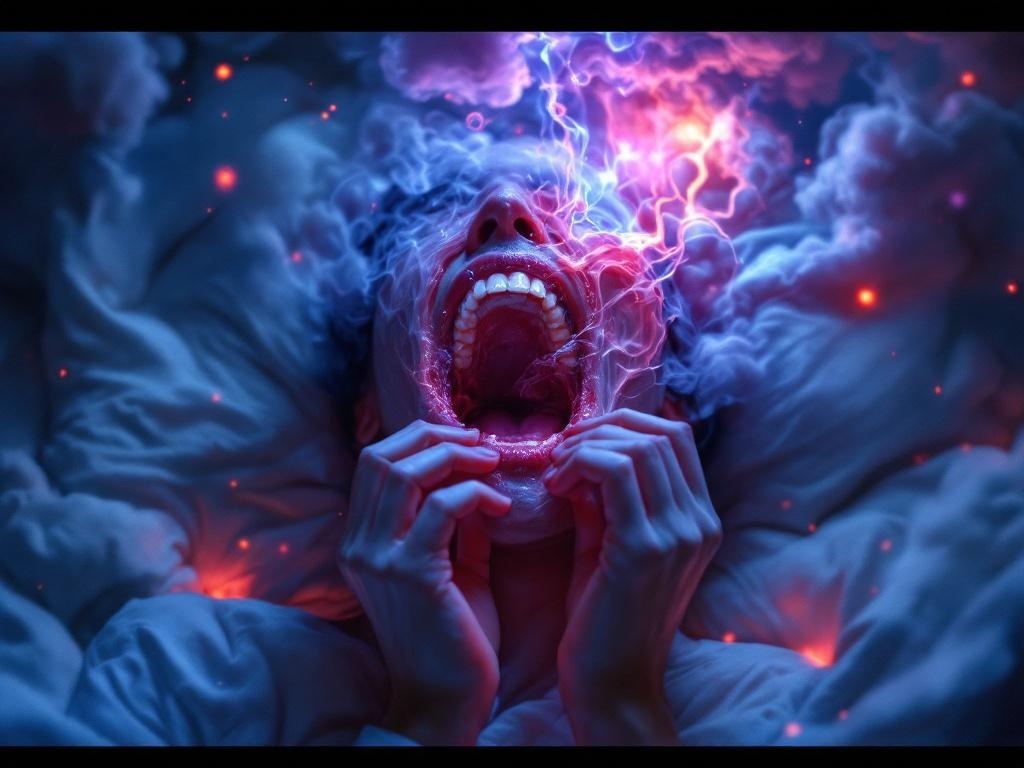    К чему такое снится: На картине изображен человек, который стоит и вынимает изо рта руками зубы, сжимая их в кулаке. В ротовой полости видна вязкая масса, она видна на его губах и руках.