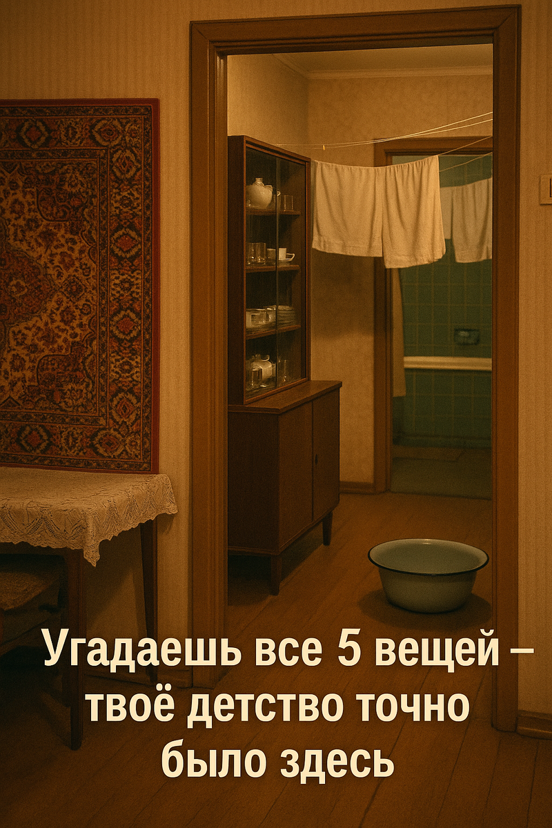 На снимке — типичная советская квартира 1980-х годов. Стена украшена ковром, в углу — сервант с посудой «на случай гостей», в ванной натянуты верёвки для сушки белья, на полу — эмалированный таз. Это не просто интерьер — это настоящий телепорт в прошлое, в эпоху, где каждая вещь имела своё значение.