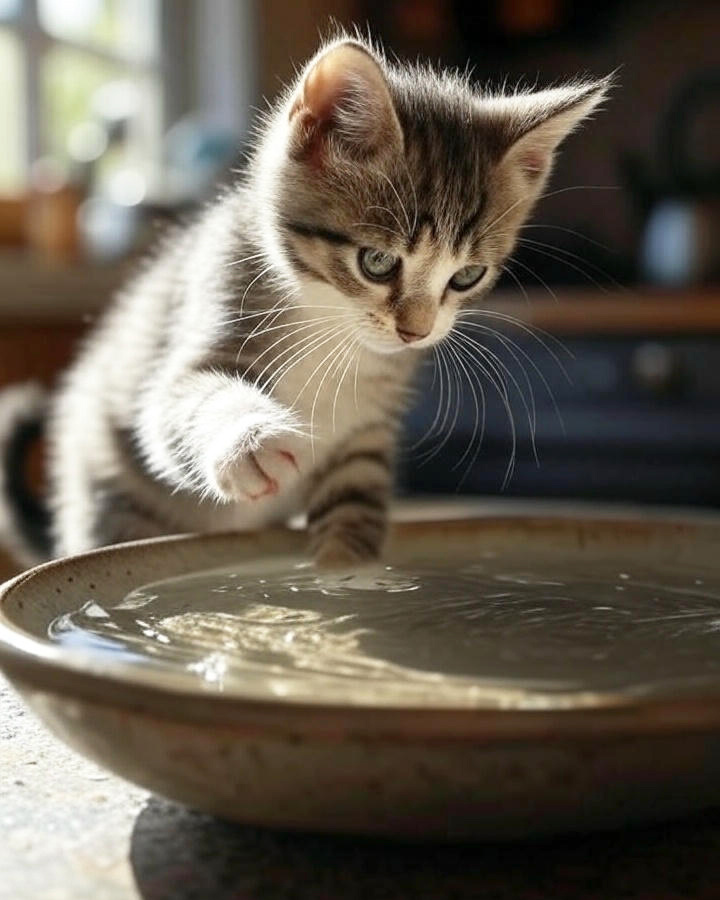 Полосатый котенок с серо-белой шерстью наклонился над металлической миской с водой, касаясь поверхности воды лапкой