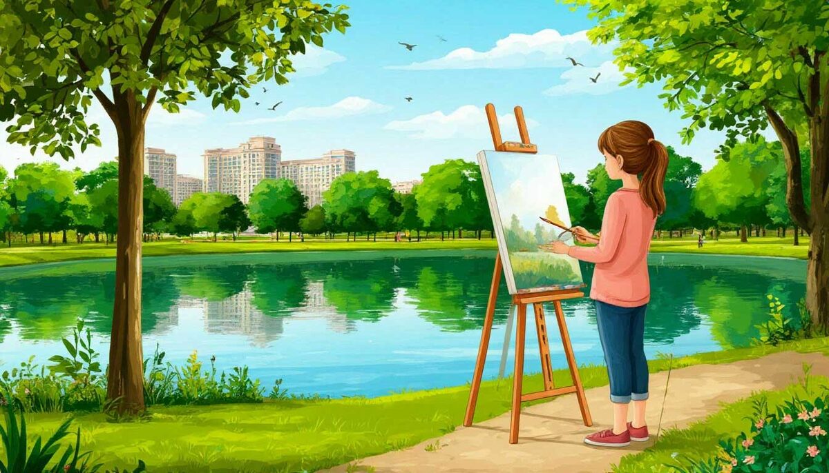 за мольбертом