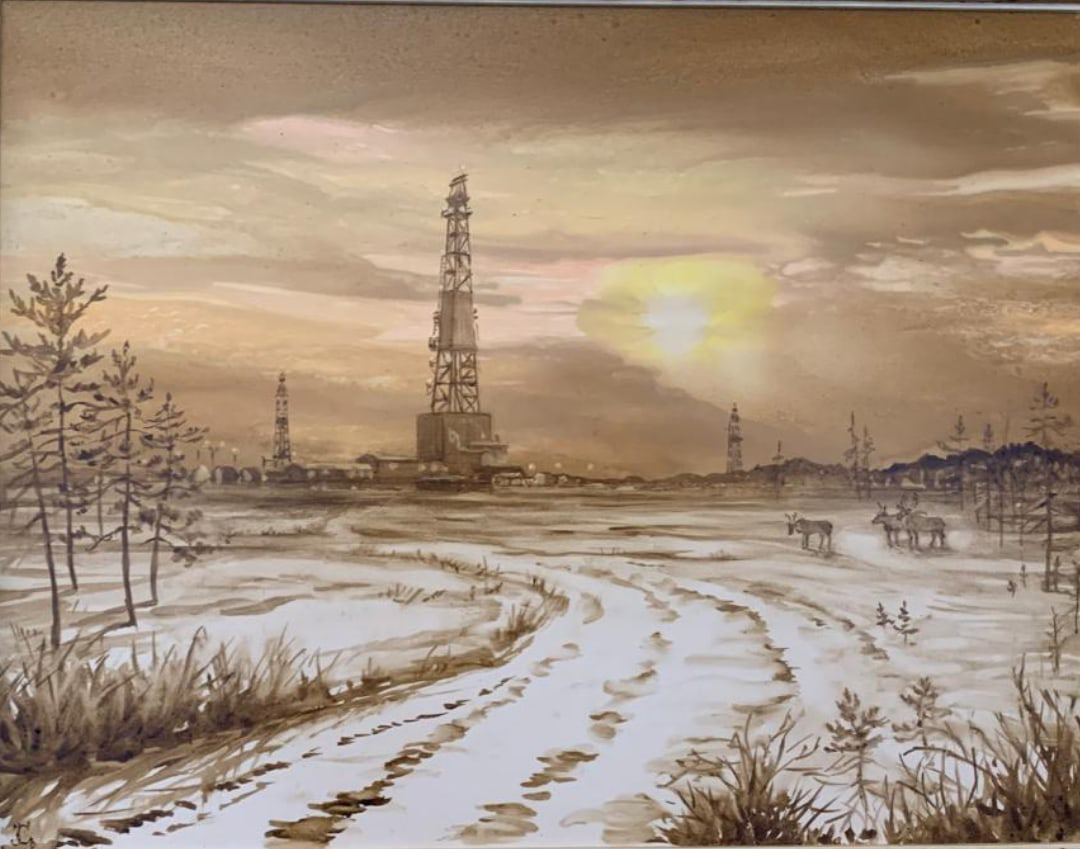 Усинское месторождение. Картина выполнена нефтью, нефтепродуктами и газовым конденсатом.