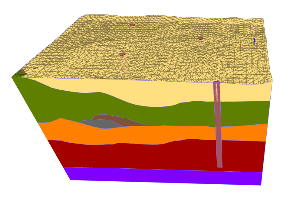 BIM информационная модель геологии. Видны линзы, фации, депрессии горизонтов ИГЭ, выклинивания. Формат IFC 4*1