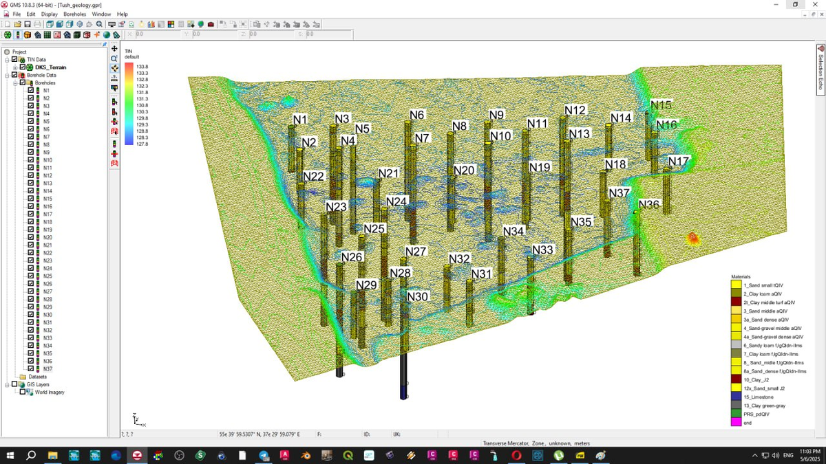 Aquaveo GMS: цифровая подель рельефа и скважины