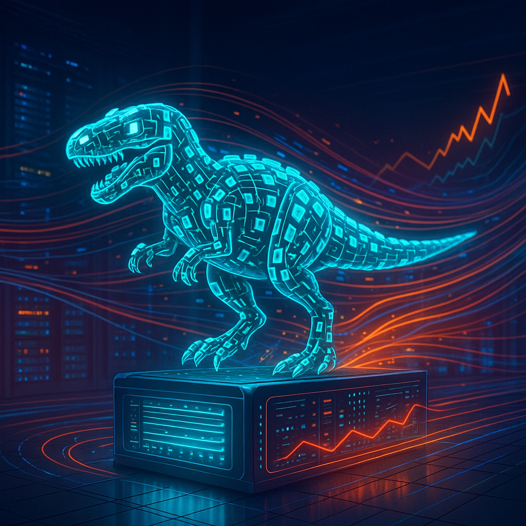 Футуристический «Токазавр» из светящихся токенов мчится по залу серверов, визуализируя трёхкратный рост пропускной способности нового движка LLM