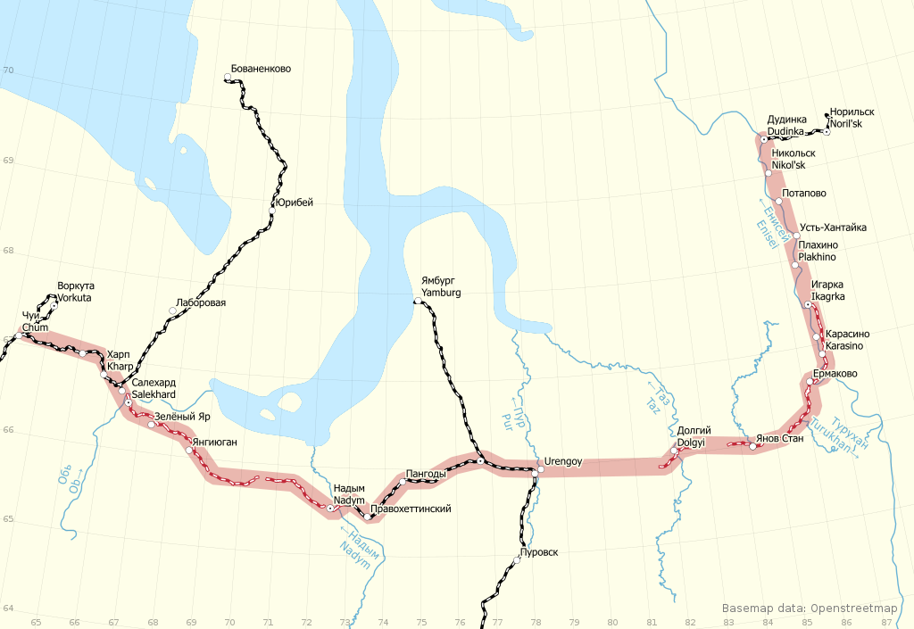 Схема трансполярной магистрали и построенных участков дороги. Источник: ru.wikipedia.org. Лицензия CC BY-SA 2.0