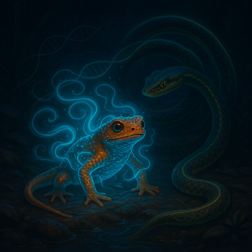 Объёмная ночная сцена — светящийся яд клубится голубым облаком, пока вокруг тихо кольцом змеёй обвивается устойчивый к токсину уж, отражая бесконечную эволюционную гонку вооружений.