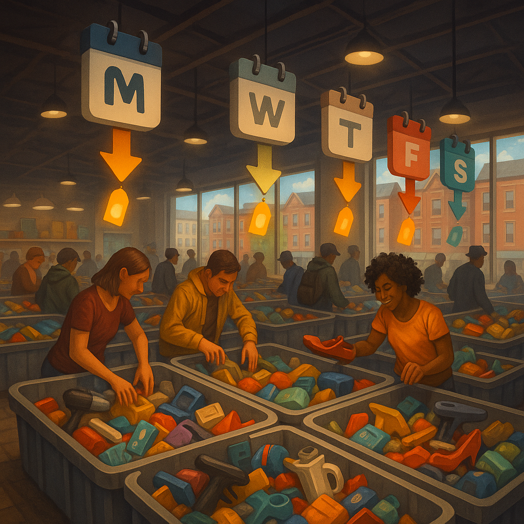 Лаконичный «Amazing Binz» — ряды переполненных товаров, заметные стрелки цен, погружённые в атмосферу радостного поиска сокровищ внутри уютного склада в Вест-Филадельфии.