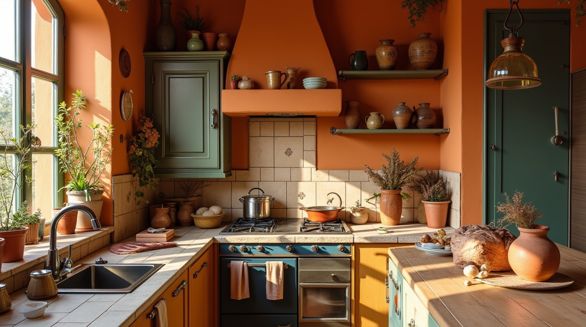 Солнечные и земляные оттенки на уютной испанской кухне в типовой российской квартире: терракота, охра, оливковый и лазурный — для тепла, уюта и радости даже зимой.