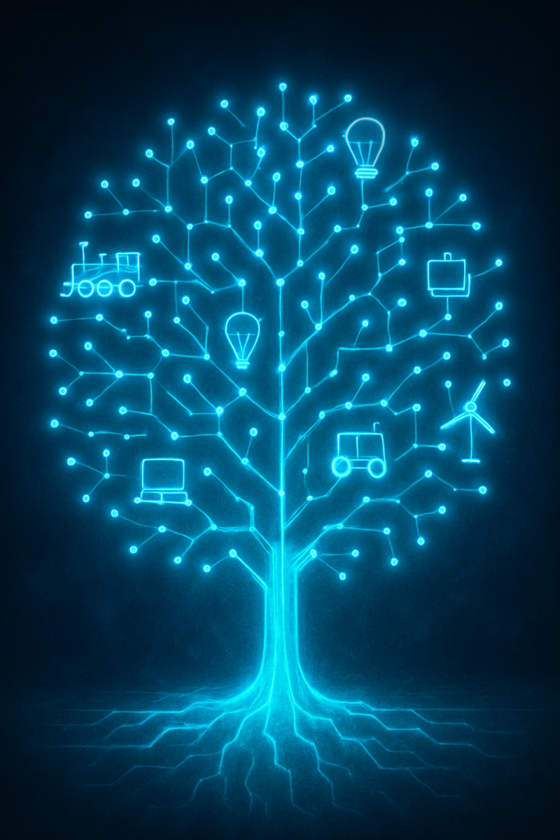 Голографическое «универсальное дерево» сияет лазурным светом в космической темноте — ветви-схемы несут иконки паровоза, лампочки, ветрогенератора и ноутбука, символизируя взаимосвязанную историю инноваций.