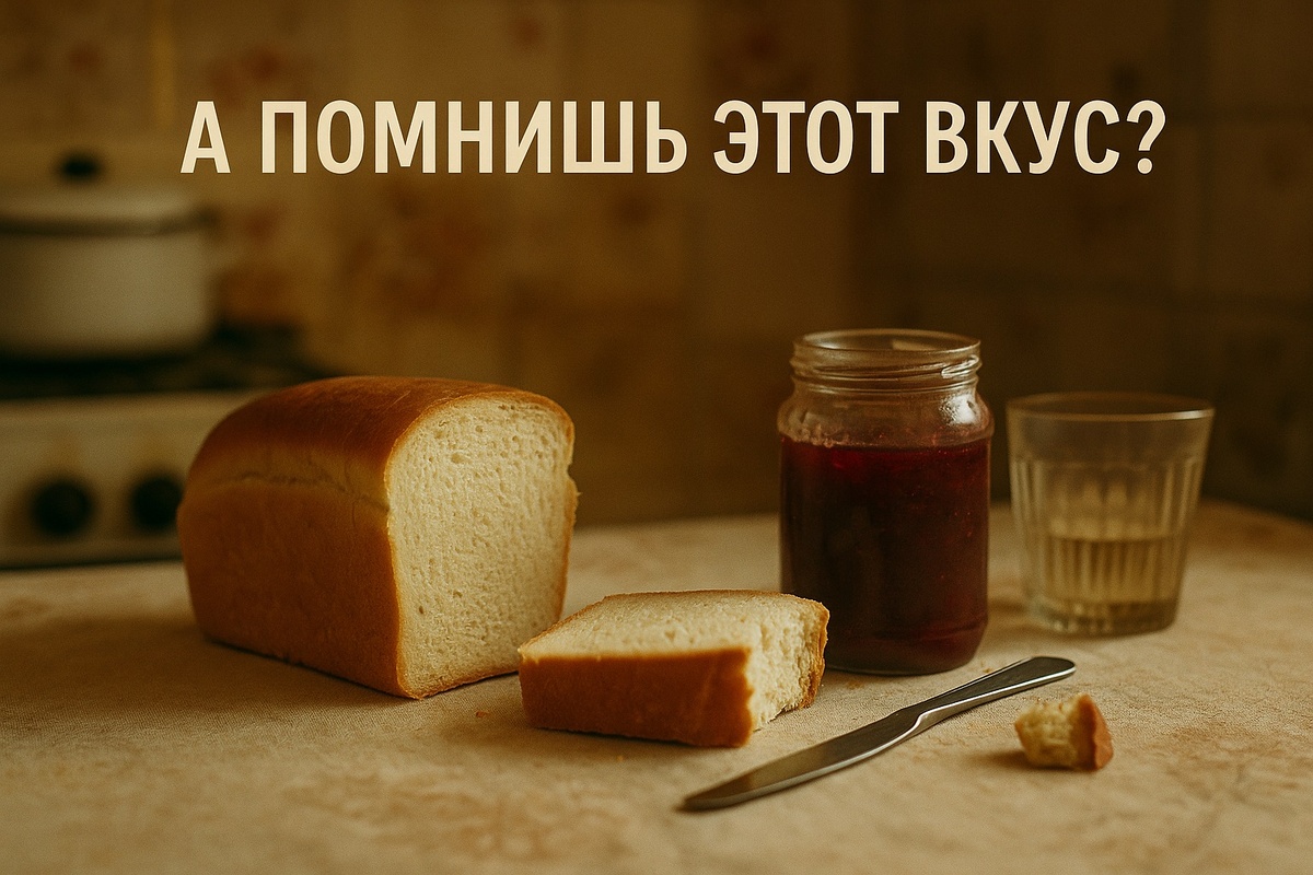 Тот самый вкус детства: мягкий советский хлеб, варенье в банке и тёплая атмосфера кухни. Ностальгия по простым, но настоящим моментам.