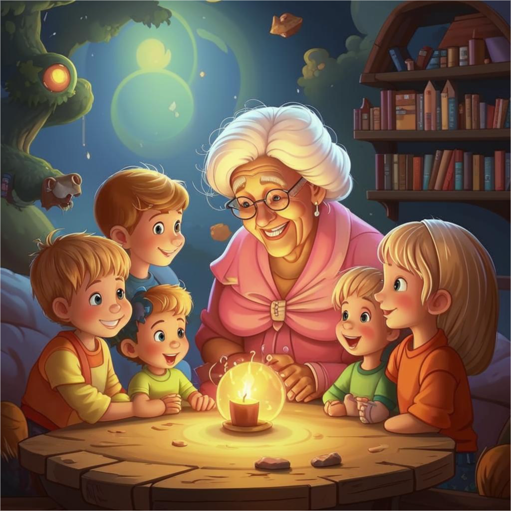 Иллюстрация от Fusion Brain по запросу "Бабушка рассказывает внукам сказку".