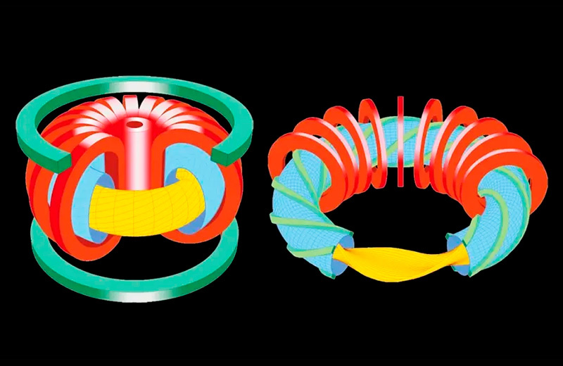 Токамак слева и стелларатор справа