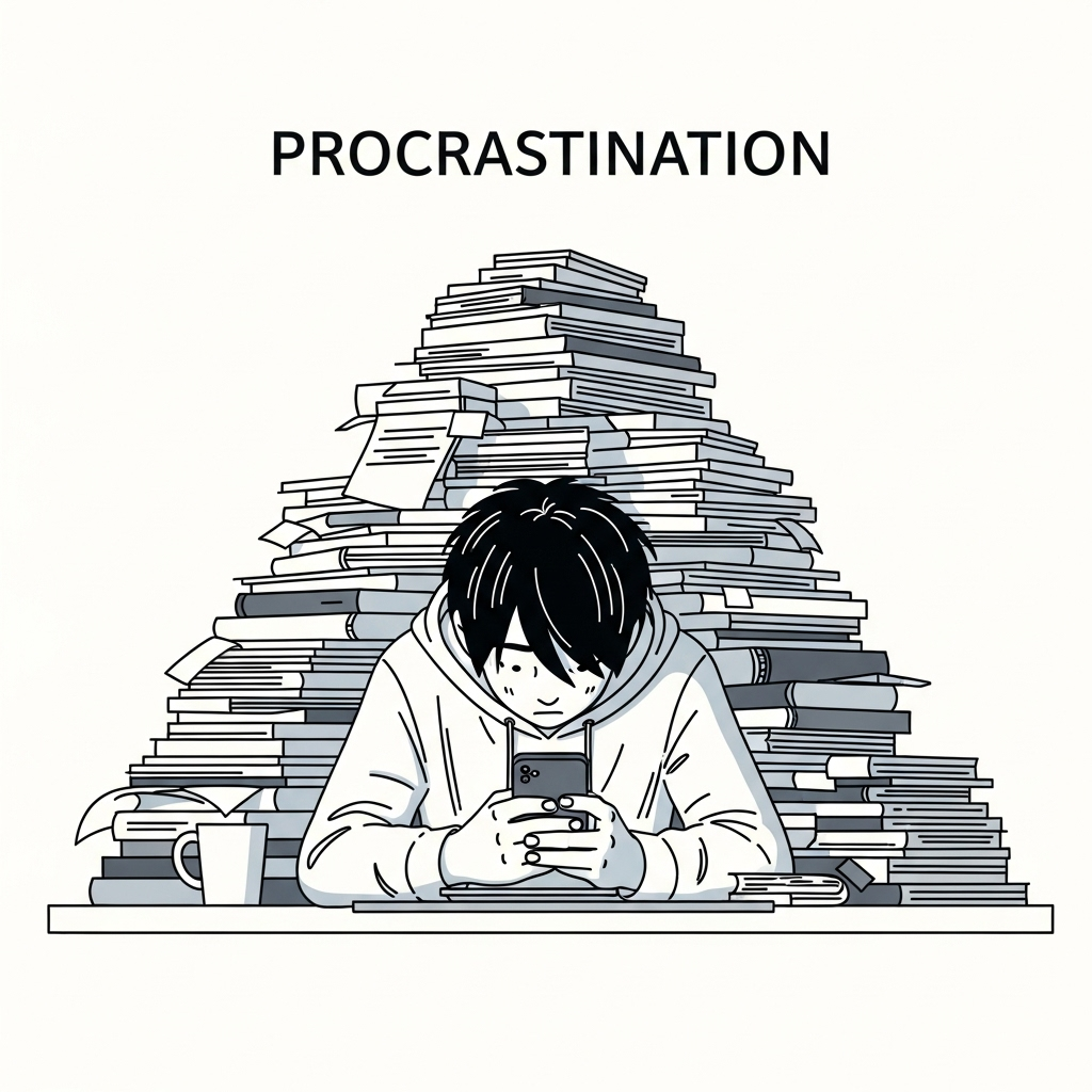 Иллюстрация прокрастинации: человек за столом, отвлеченный на телефон, среди кучи бумаг и незаконченных дел