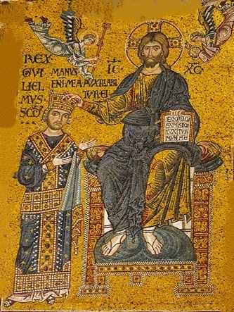 Иисус Христос коронует Вильгельма II Доброго. Мозаика, выложенная над королевским троном, в архиепископском кафедральном Собор в честь Рождества Пресвятой Богородицы города Монреаль (пригород Палермо). Источник: https://yandex.ru/images/