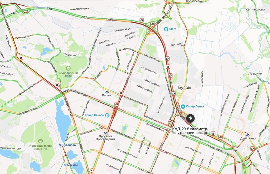    Обстановка на северном участке КАД после массового ДТП с участием 10 автомобилей. Петербург, 6 июня 2025 года. Автор фото: "Яндекс Карты"