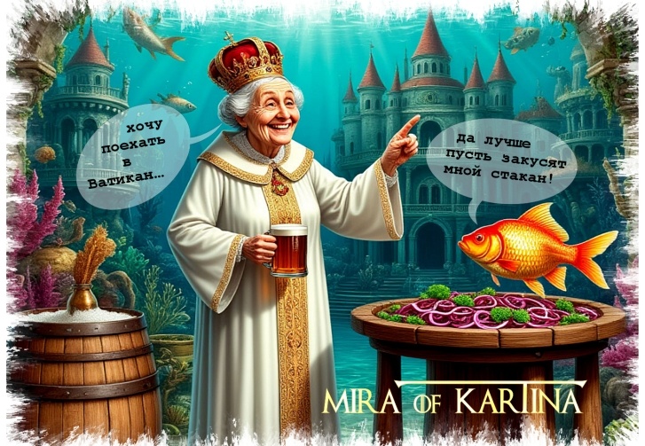 Авторская карикатура от Миры Ка́ртиной "Царь, Пушкин и Золотая рыбка."