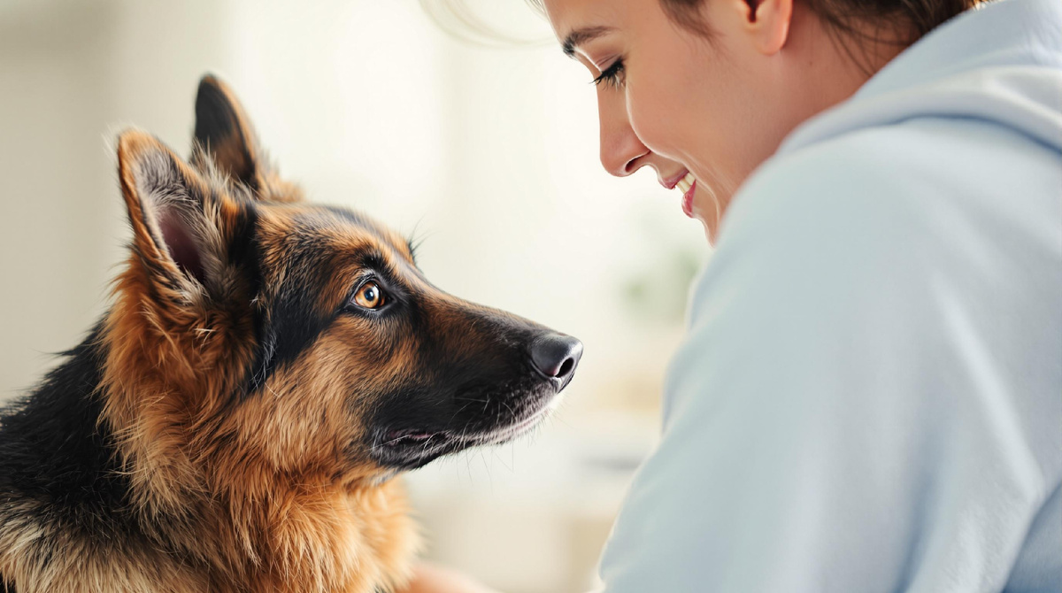 Молодая женщина и немецкая овчарка смотрят друг на друга дома — искренняя дружба и забота о домашних животных.