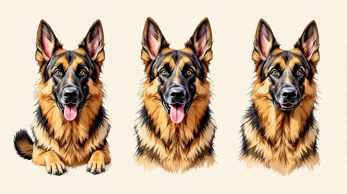Три симпатичных портрета немецкой овчарки на белом фоне — идеальные изображения для любителей собак и породистых питомцев.
