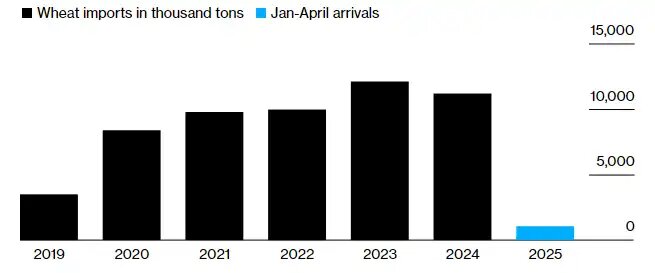 Импорт пiеницы в Китай, 2019-2025 гг (источник: Китайская таможня)