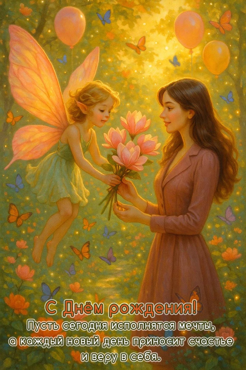 Открытка «С Днём рождения!» для женщины с пожеланиями — создана мной при помощи нейросети с любовью к деталям и добрым настроением.