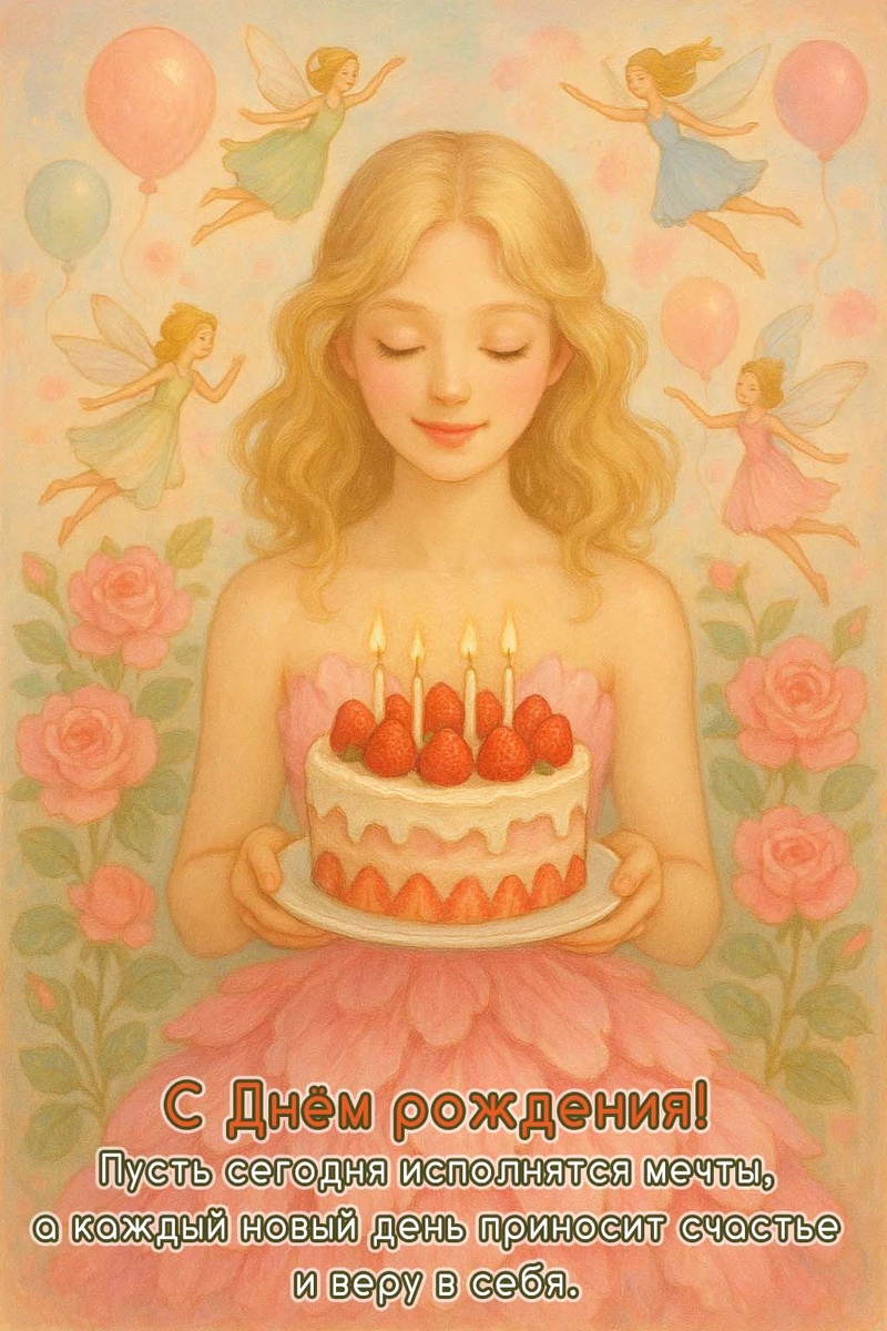 Открытка «С Днём рождения!» для женщины с пожеланиями — создана мной при помощи нейросети с любовью к деталям и добрым настроением.