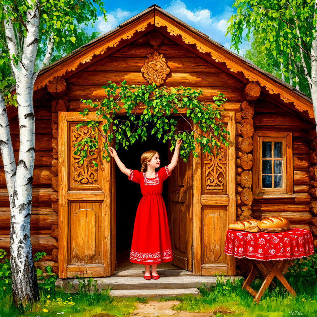 Ты дом свой украшай ветвями
Бёрёзы шелестящей на ветру!