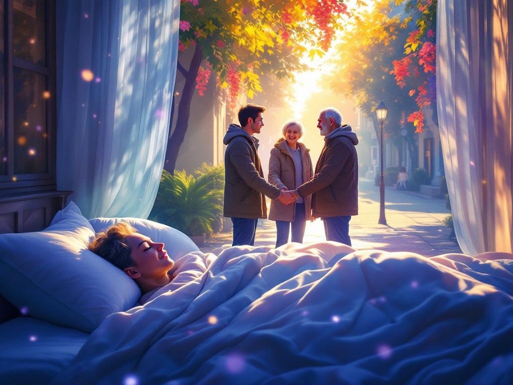    К чему такое снится: На картине изображена светлая улица, где молодая пара встречает пожилого мужчину. Мужчина и парень обмениваются приветствиями, при этом дедушка выглядит радостно и г