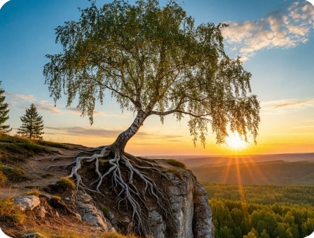 Берёза над обрывом. Картинка сгненирована при помощи искусственного интеллекта.