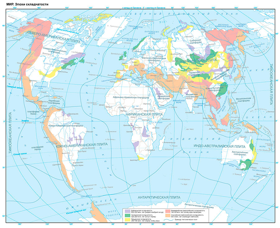 Карта различных эпох складчатости.(байкальская складчатость 650-500 млн лет назад, каледонская складчатость (490-400 млн.лет назад), герцинская складчатость (350-200 млн лет назад), мезозойская складчатость (180-70 млн лет), альпийская складчатость (66-0 млн лет назад)