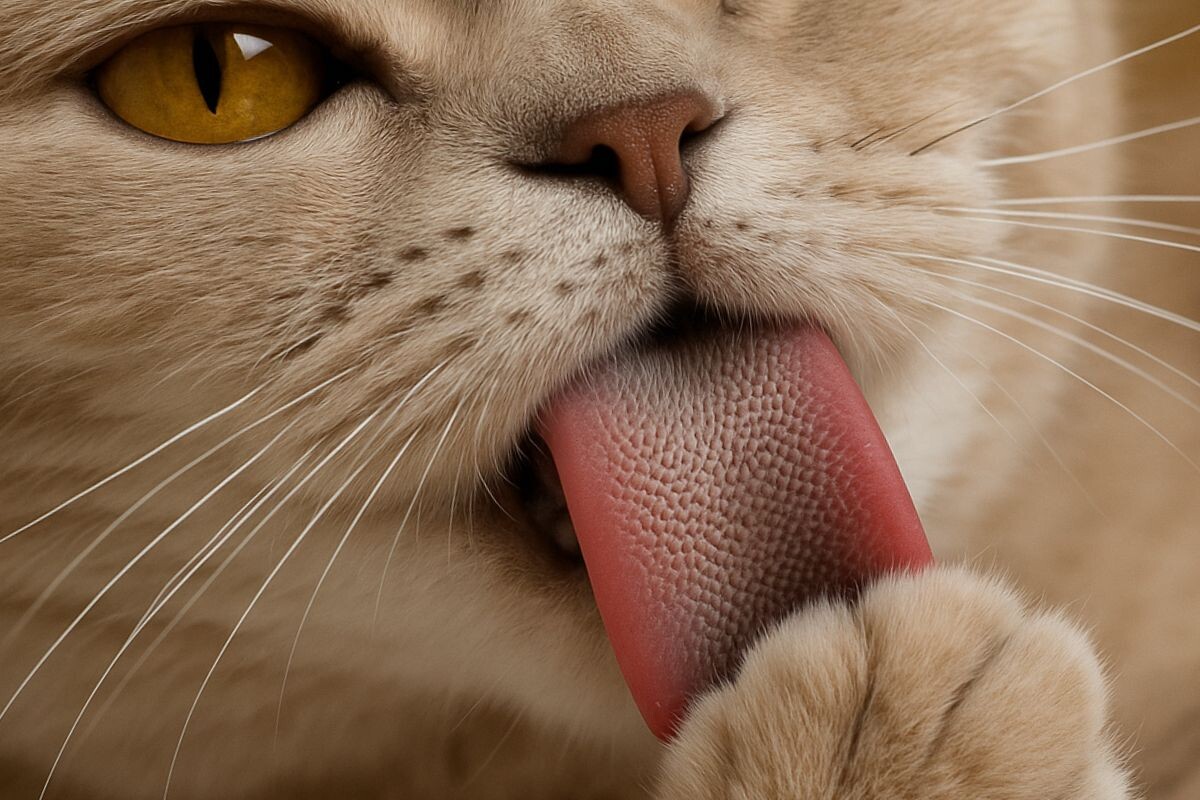 Кошка лижет лапу 