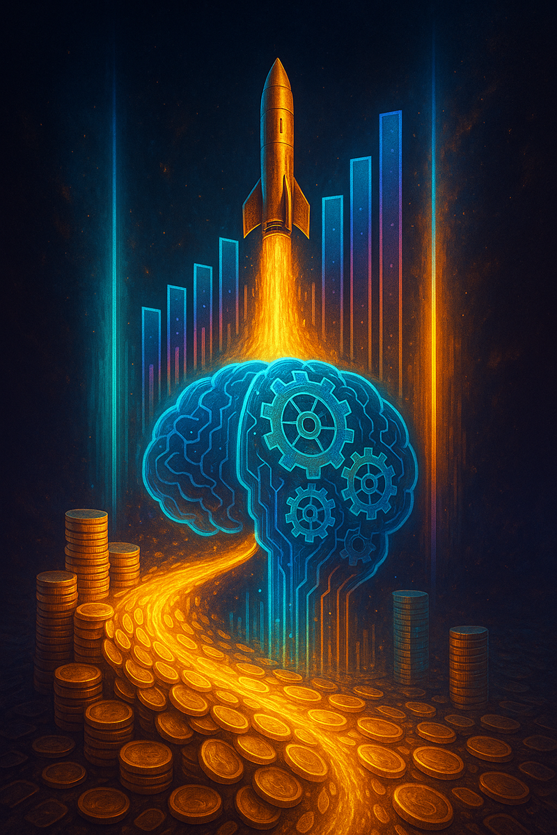 Ракета из пылающего потока золотых монет взмывает из шестерёнчатого «мозга»-ИИ, на фоне растущих голографических бар-чартов — визуальный взрыв, символизирующий стремительный рост доходов AI-стартапов.